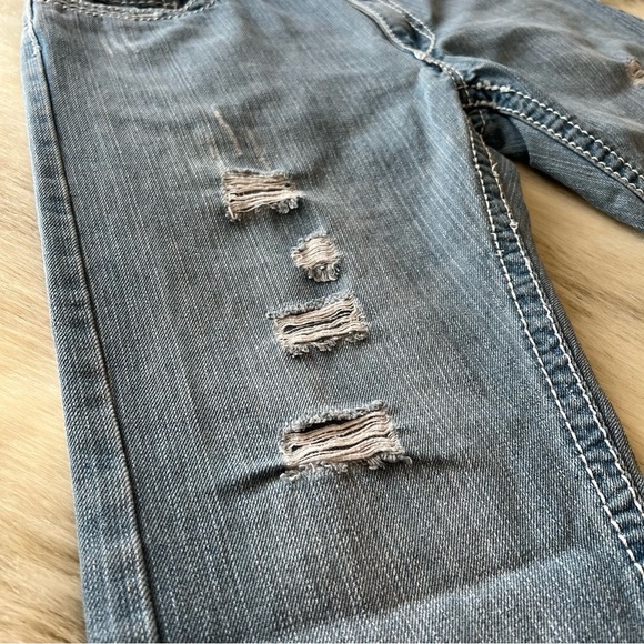 M. GORDON Jeans W34xL30 Distressed Holes Light Wash Stretch White Stitching - Picture 2 of 14